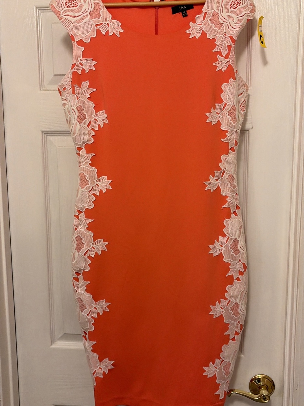 Jax Coral Sheath Dress with White Lace Appliqué